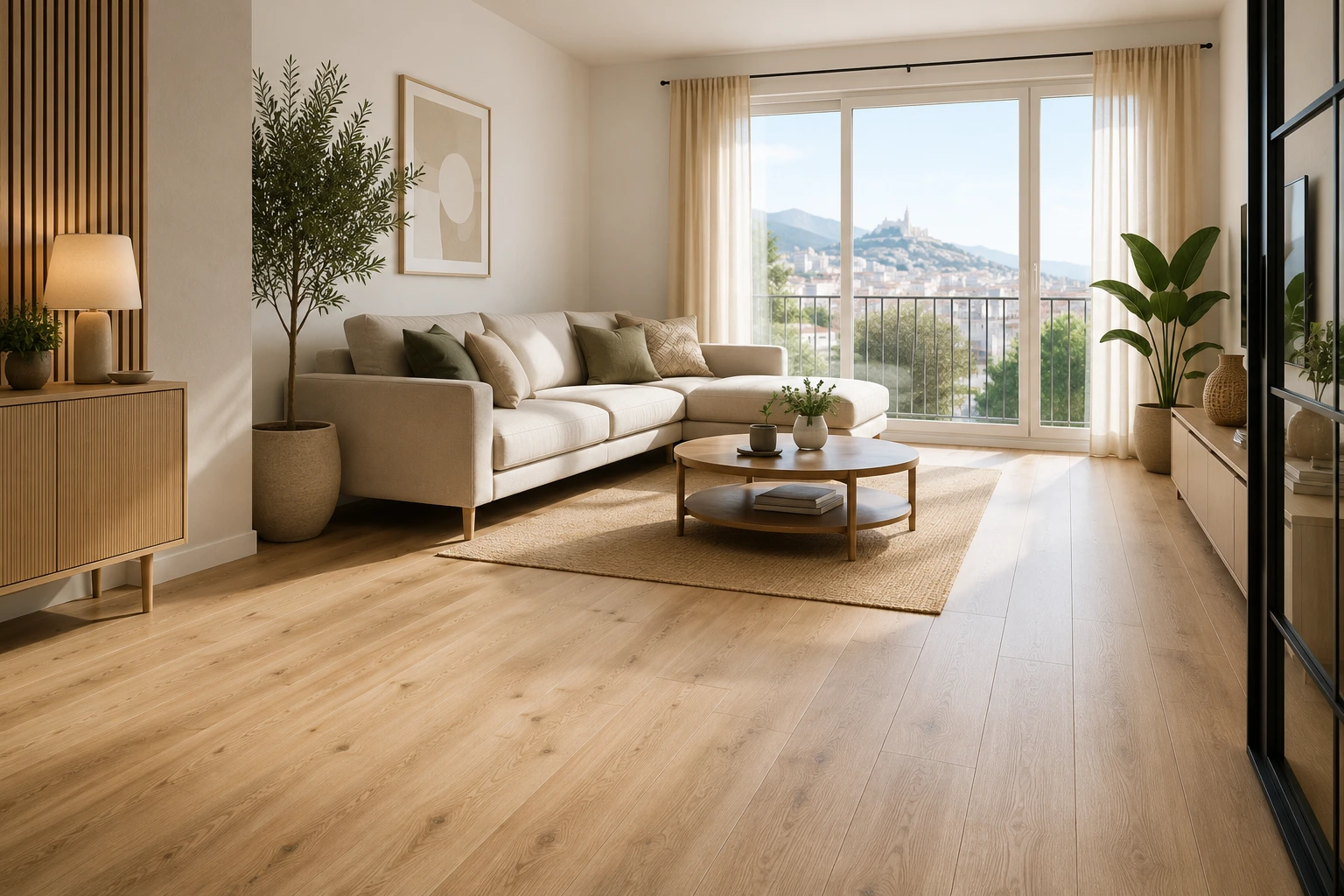 Salon scandinave avec un parquet flottant