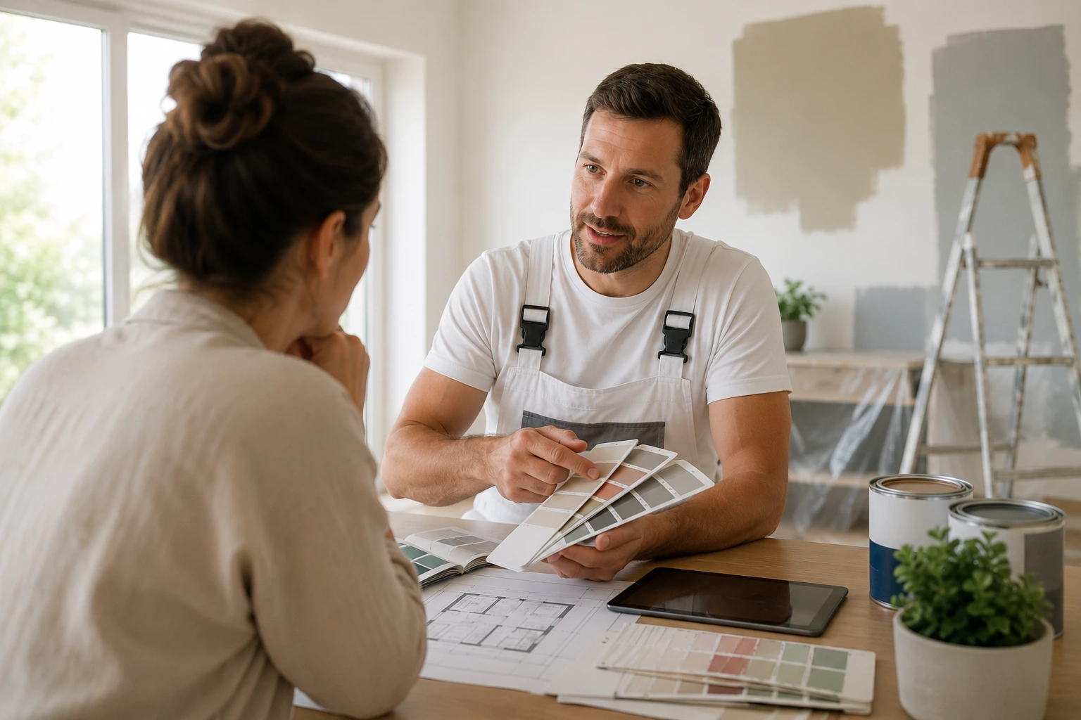 Artisan présentant un projet de peinture intérieure
